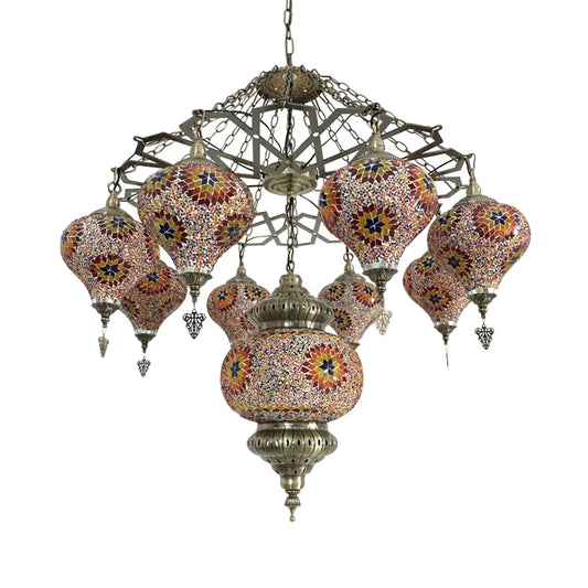 Vintage Oval Chandelier Light Fixture 9 Heads Stained Art Glass Hanging Ceiling Light in Red/Blue Clearhalo 'Ceiling Lights' 'Chandeliers' 'Glass shade' 'Glass' Lighting' 391953