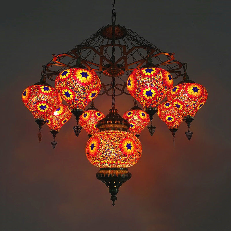 Vintage Oval Chandelier Light Fixture 9 Heads Stained Art Glass Hanging Ceiling Light in Red/Blue Red Clearhalo 'Ceiling Lights' 'Chandeliers' 'Glass shade' 'Glass' Lighting' 391954