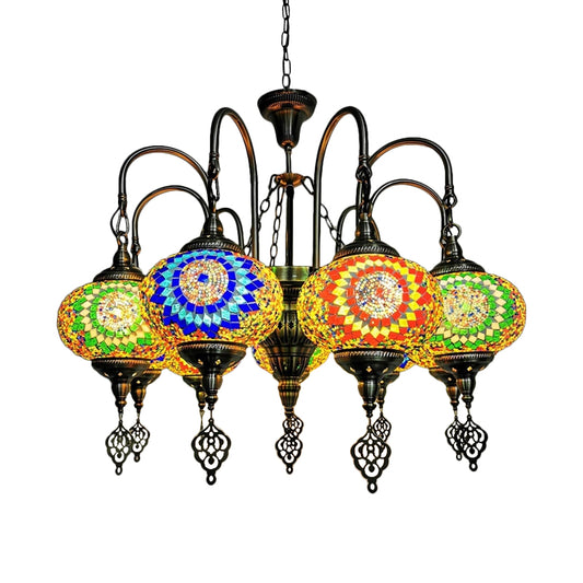 9 Heads Oval Ceiling Pendant Light Vintage Yellow/Green Hand Cut Glass Chandelier Lighting Clearhalo 'Ceiling Lights' 'Chandeliers' 'Glass shade' 'Glass' Lighting' 391957