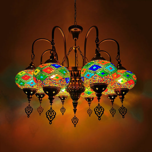 Oval Stained Glass Chandelier Light Fixture Traditional 9 Heads Dining Room Hanging Lamp Kit in Orange/Green Green Clearhalo 'Ceiling Lights' 'Chandeliers' 'Glass shade' 'Glass' 'Pendant Lights' Lighting' 391962