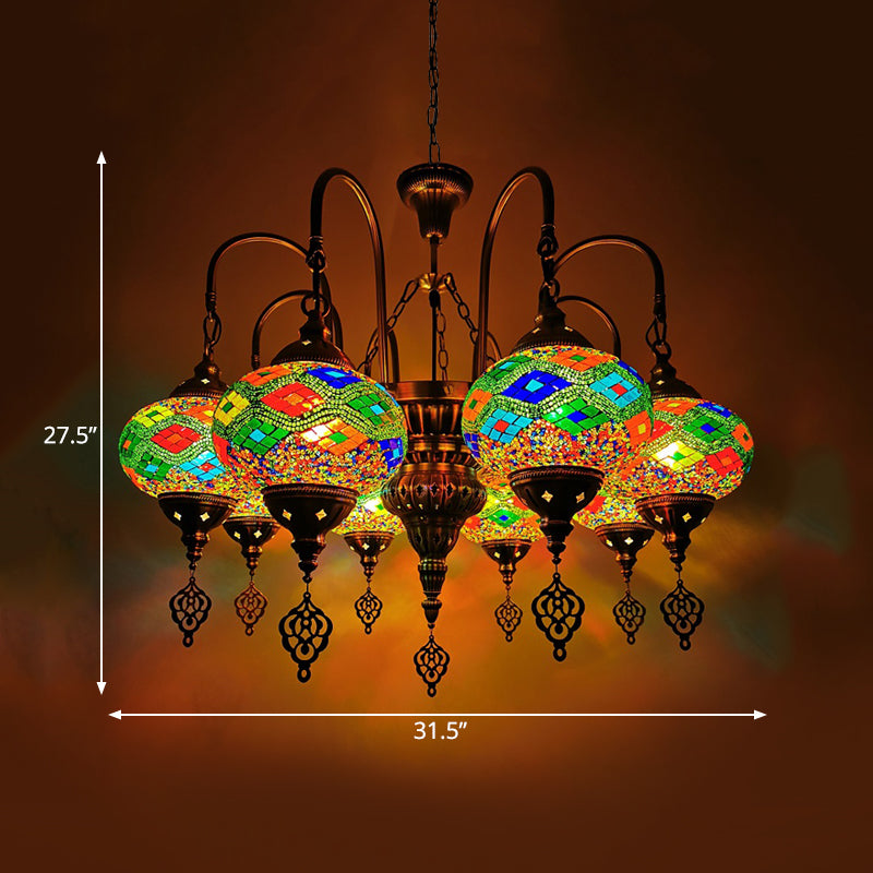 Oval Stained Glass Chandelier Light Fixture Traditional 9 Heads Dining Room Hanging Lamp Kit in Orange/Green Clearhalo 'Ceiling Lights' 'Chandeliers' 'Glass shade' 'Glass' 'Pendant Lights' Lighting' 391963