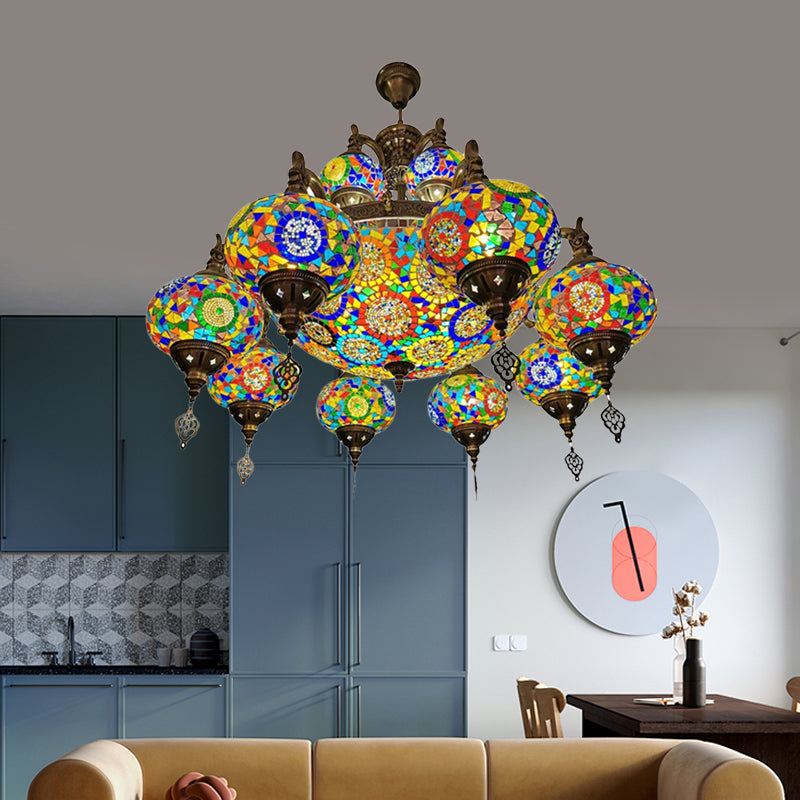 Traditional Oval Ceiling Pendant Light 16 Heads Stained Glass Chandelier Lighting in Bronze Bronze Clearhalo 'Ceiling Lights' 'Chandeliers' 'Glass shade' 'Glass' 'Pendant Lights' Lighting' 391972