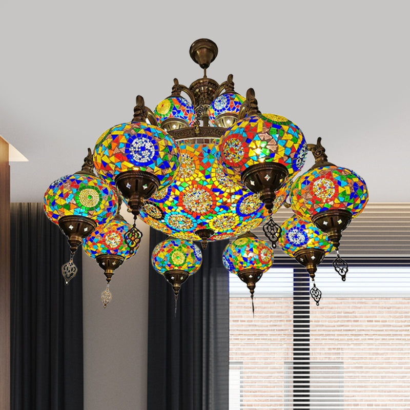 Traditional Oval Ceiling Pendant Light 16 Heads Stained Glass Chandelier Lighting in Bronze Clearhalo 'Ceiling Lights' 'Chandeliers' 'Glass shade' 'Glass' 'Pendant Lights' Lighting' 391973