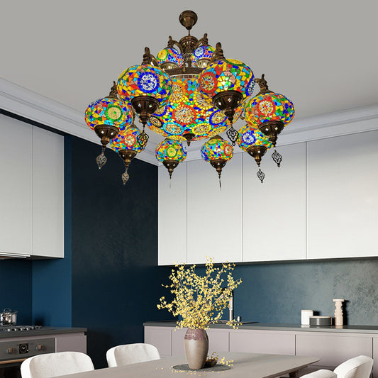 Traditional Oval Ceiling Pendant Light 16 Heads Stained Glass Chandelier Lighting in Bronze Clearhalo 'Ceiling Lights' 'Chandeliers' 'Glass shade' 'Glass' 'Pendant Lights' Lighting' 391974