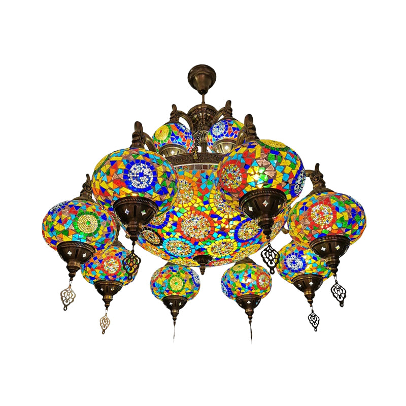 Traditional Oval Ceiling Pendant Light 16 Heads Stained Glass Chandelier Lighting in Bronze Clearhalo 'Ceiling Lights' 'Chandeliers' 'Glass shade' 'Glass' 'Pendant Lights' Lighting' 391975