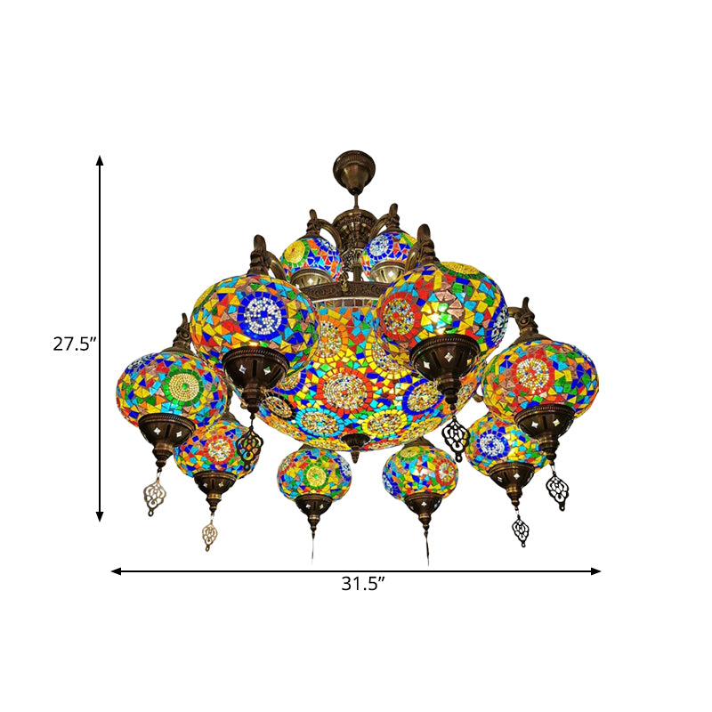 Traditional Oval Ceiling Pendant Light 16 Heads Stained Glass Chandelier Lighting in Bronze Clearhalo 'Ceiling Lights' 'Chandeliers' 'Glass shade' 'Glass' 'Pendant Lights' Lighting' 391976