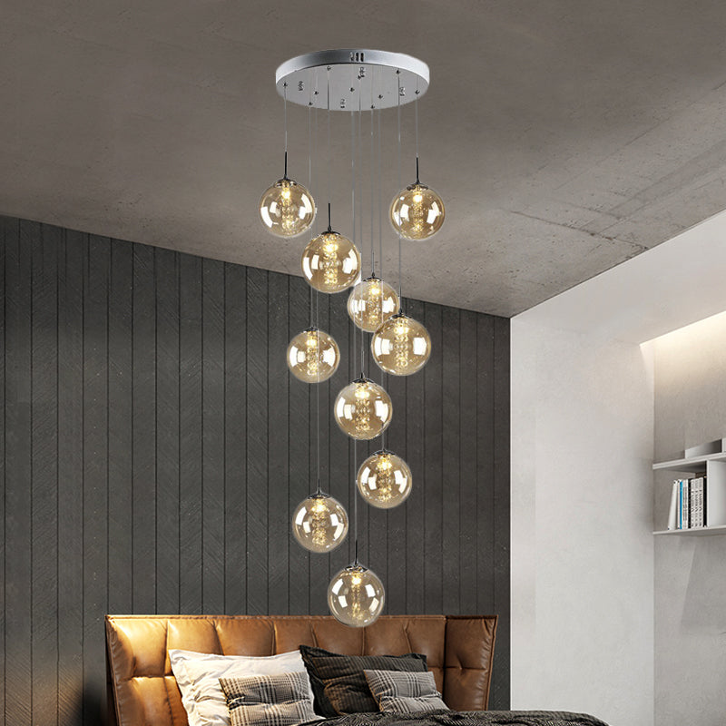 Amber Glass Globe Hanging Lighting Modern 10 Bulbs Living Room Cluster Pendant Lamp Clearhalo 'Ceiling Lights' 'Glass shade' 'Glass' 'Modern Pendants' 'Modern' 'Pendant Lights' 'Pendants' Lighting' 391983