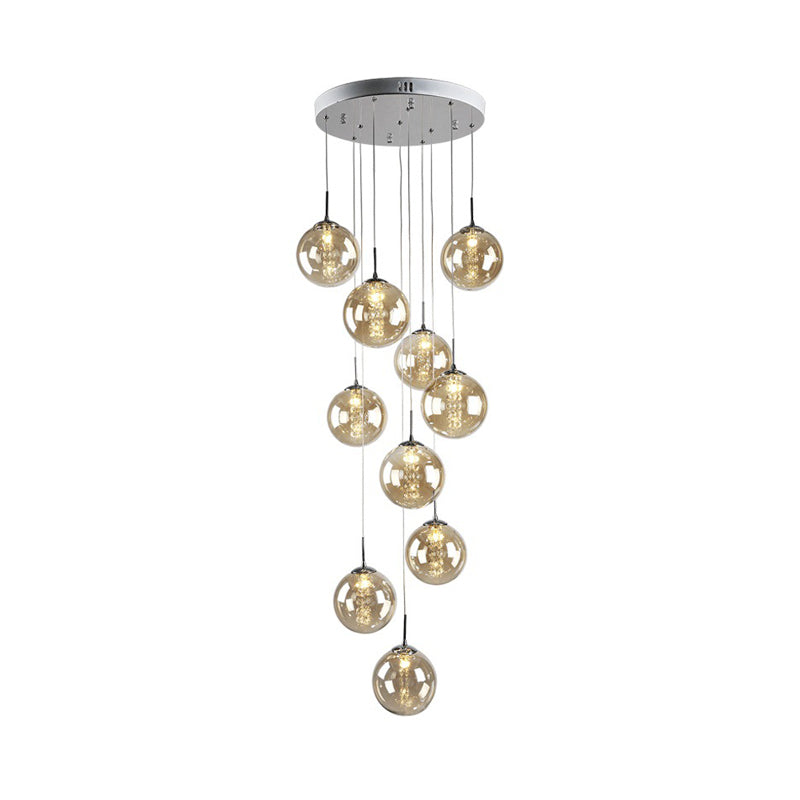 Amber Glass Globe Hanging Lighting Modern 10 Bulbs Living Room Cluster Pendant Lamp Clearhalo 'Ceiling Lights' 'Glass shade' 'Glass' 'Modern Pendants' 'Modern' 'Pendant Lights' 'Pendants' Lighting' 391985