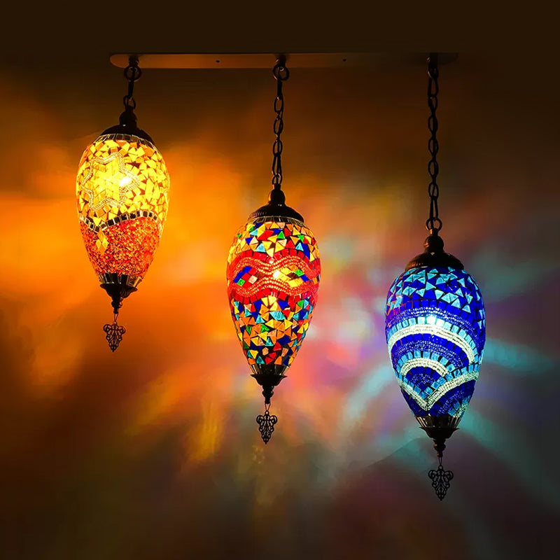 Stained Glass Waterdrop Cluster Pendant Traditional 3 Heads Bedroom Hanging Ceiling Light in Blue/Green/Red and Blue Blue-Yellow Clearhalo 'Ceiling Lights' 'Glass shade' 'Glass' 'Pendant Lights' 'Pendants' Lighting' 391987