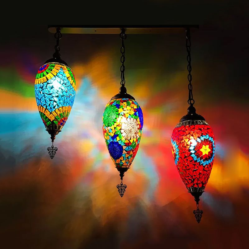 Stained Glass Waterdrop Cluster Pendant Traditional 3 Heads Bedroom Hanging Ceiling Light in Blue/Green/Red and Blue Blue-Red Clearhalo 'Ceiling Lights' 'Glass shade' 'Glass' 'Pendant Lights' 'Pendants' Lighting' 391991
