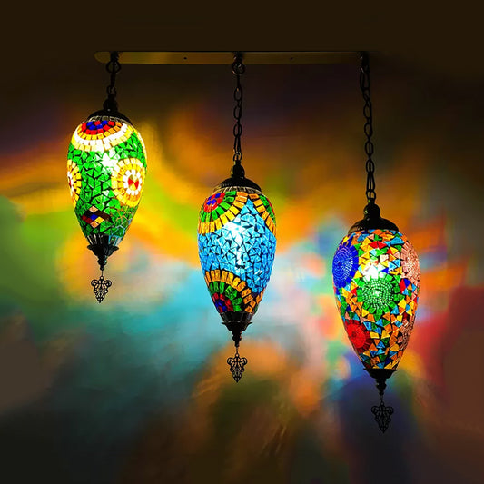 Stained Glass Waterdrop Cluster Pendant Traditional 3 Heads Bedroom Hanging Ceiling Light in Blue/Green/Red and Blue Blue Clearhalo 'Ceiling Lights' 'Glass shade' 'Glass' 'Pendant Lights' 'Pendants' Lighting' 391993