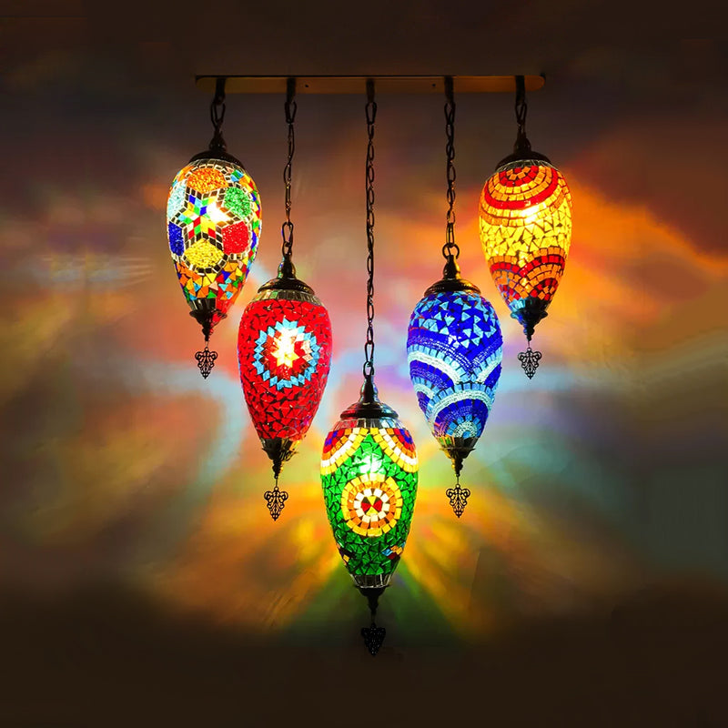 Waterdrop Bedroom Multi Light Pendant Vintage Stained Glass 5 Heads Red/Yellow/Orange Ceiling Lamp Green Clearhalo 'Ceiling Lights' 'Glass shade' 'Glass' 'Pendant Lights' 'Pendants' Lighting' 391994