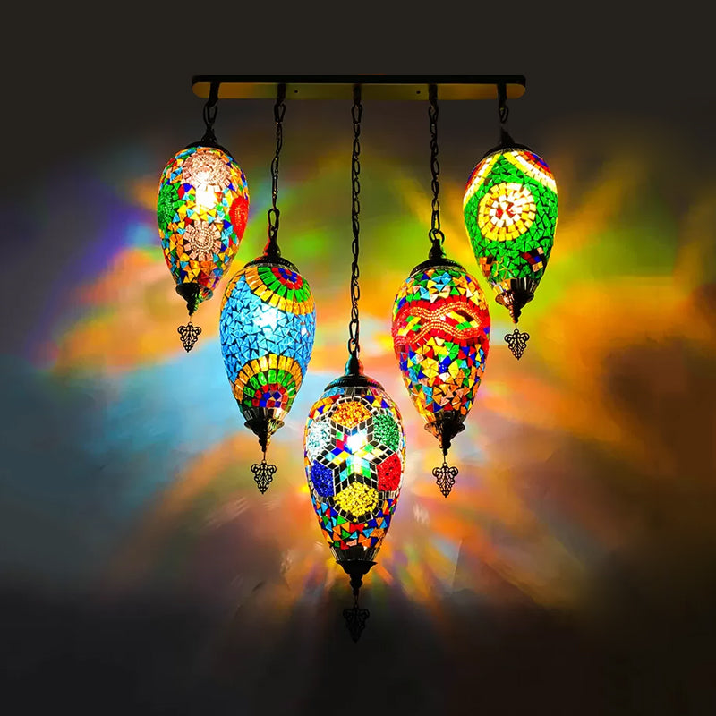 Waterdrop Bedroom Multi Light Pendant Vintage Stained Glass 5 Heads Red/Yellow/Orange Ceiling Lamp Blue-Yellow Clearhalo 'Ceiling Lights' 'Glass shade' 'Glass' 'Pendant Lights' 'Pendants' Lighting' 391998