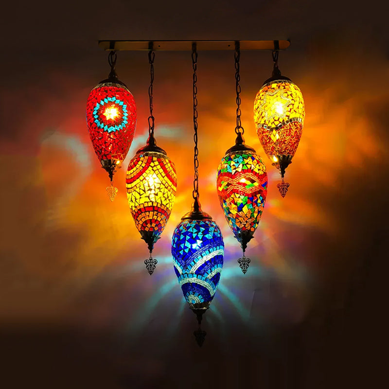 Waterdrop Bedroom Multi Light Pendant Vintage Stained Glass 5 Heads Red/Yellow/Orange Ceiling Lamp Blue Clearhalo 'Ceiling Lights' 'Glass shade' 'Glass' 'Pendant Lights' 'Pendants' Lighting' 391999