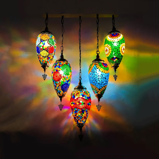 Waterdrop Bedroom Multi Light Pendant Vintage Stained Glass 5 Heads Red/Yellow/Orange Ceiling Lamp Red Clearhalo 'Ceiling Lights' 'Glass shade' 'Glass' 'Pendant Lights' 'Pendants' Lighting' 392000
