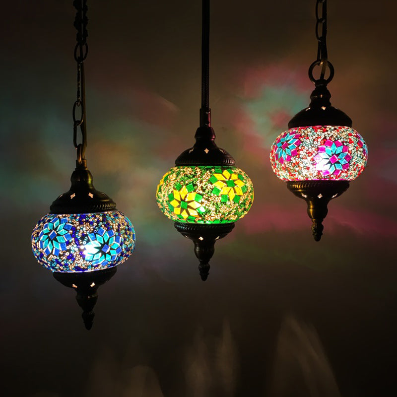3 Heads Stained Art Glass Suspension Lamp Vintage Red/Yellow/Green Oval Bedroom Cluster Pendant Purple Clearhalo 'Ceiling Lights' 'Glass shade' 'Glass' 'Pendant Lights' 'Pendants' Lighting' 392012