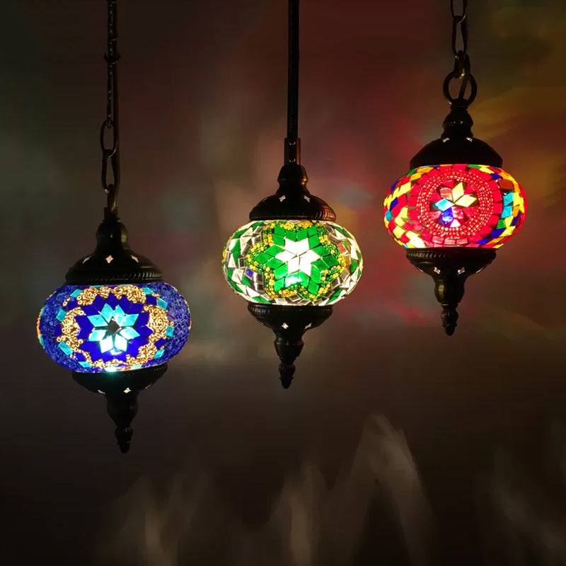 3 Heads Stained Art Glass Suspension Lamp Vintage Red/Yellow/Green Oval Bedroom Cluster Pendant Green Clearhalo 'Ceiling Lights' 'Glass shade' 'Glass' 'Pendant Lights' 'Pendants' Lighting' 392014