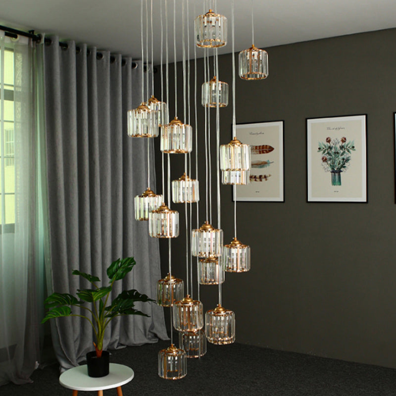 15 Lights Hanging Ceiling Lamp Modernist Living Room Multi Light Pendant with Drum Amber Crystal Shade Amber Clearhalo 'Ceiling Lights' 'Glass shade' 'Glass' 'Modern Pendants' 'Modern' 'Pendant Lights' 'Pendants' Lighting' 392015