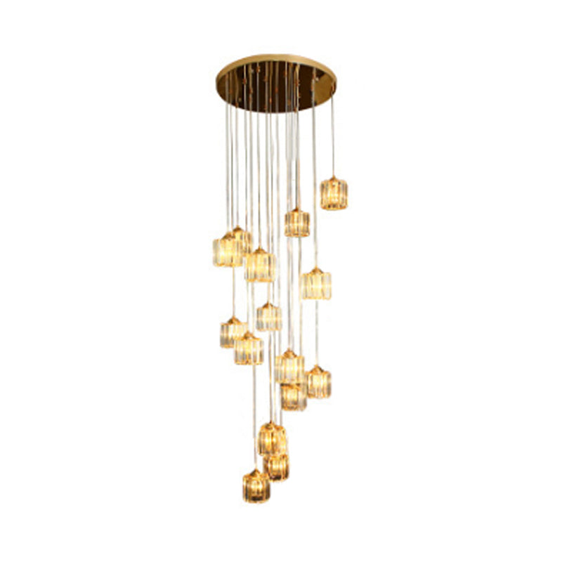 15 Lights Hanging Ceiling Lamp Modernist Living Room Multi Light Pendant with Drum Amber Crystal Shade Clearhalo 'Ceiling Lights' 'Glass shade' 'Glass' 'Modern Pendants' 'Modern' 'Pendant Lights' 'Pendants' Lighting' 392018