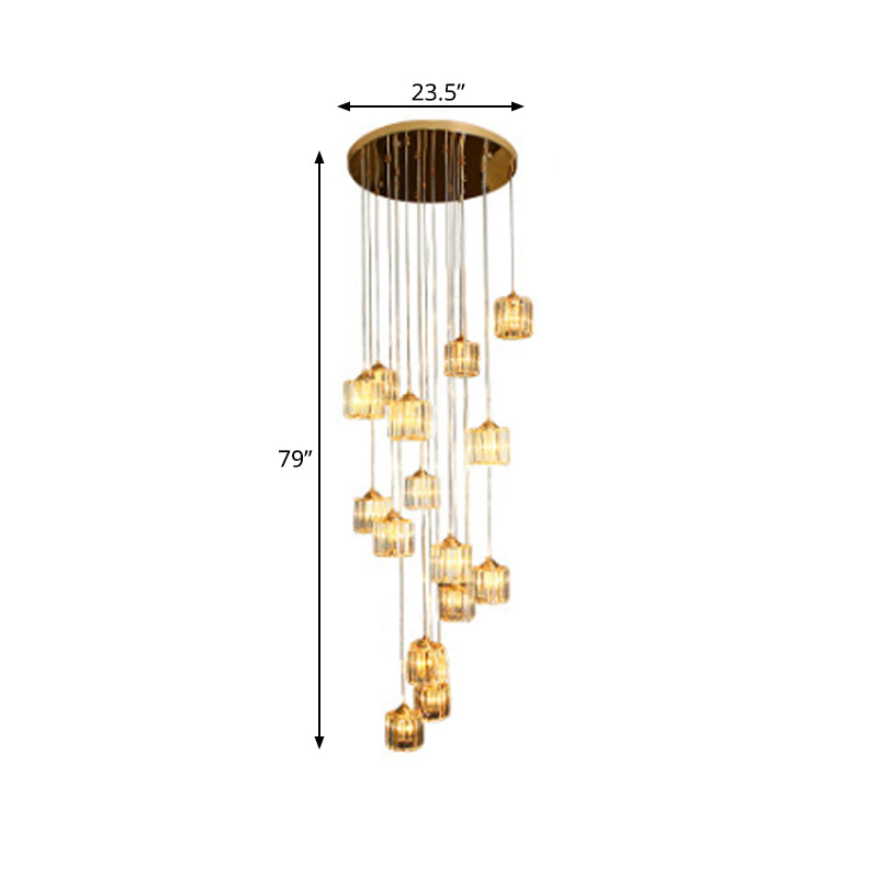 15 Lights Hanging Ceiling Lamp Modernist Living Room Multi Light Pendant with Drum Amber Crystal Shade Clearhalo 'Ceiling Lights' 'Glass shade' 'Glass' 'Modern Pendants' 'Modern' 'Pendant Lights' 'Pendants' Lighting' 392019