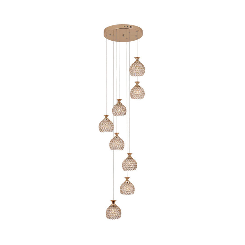 Gold 8-Light Hanging Lighting Contemporary Crystal Dome Shade Multi Lamp Pendant with Spiral Design Clearhalo 'Ceiling Lights' 'Glass shade' 'Glass' 'Modern Pendants' 'Modern' 'Pendant Lights' 'Pendants' Lighting' 392027