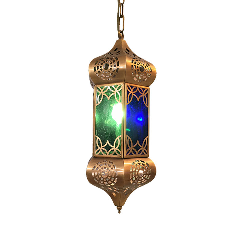 Lantern Metal Hanging Light Kit Retro 1 Light Living Room Pendant Ceiling Lamp in Blue Clearhalo 'Ceiling Lights' 'Pendant Lights' 'Pendants' Lighting' 392053