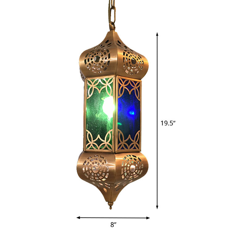 Lantern Metal Hanging Light Kit Retro 1 Light Living Room Pendant Ceiling Lamp in Blue Clearhalo 'Ceiling Lights' 'Pendant Lights' 'Pendants' Lighting' 392054