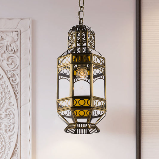 Metallic Brass Hanging Lighting Lantern 1-Head Traditional Suspension Pendant Lamp with Chain Clearhalo 'Ceiling Lights' 'Pendant Lights' 'Pendants' Lighting' 392056