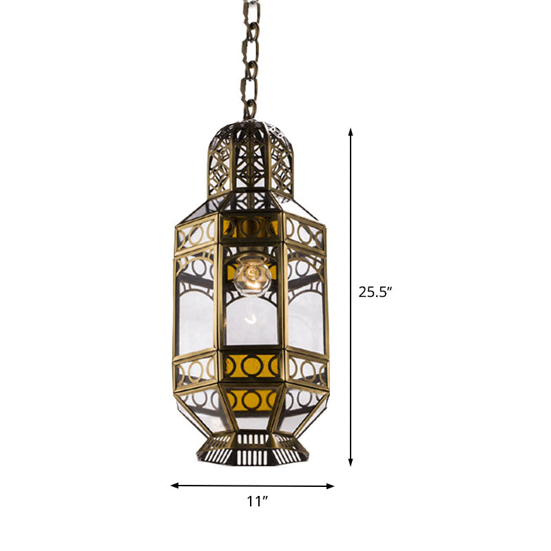 Metallic Brass Hanging Lighting Lantern 1-Head Traditional Suspension Pendant Lamp with Chain Clearhalo 'Ceiling Lights' 'Pendant Lights' 'Pendants' Lighting' 392059