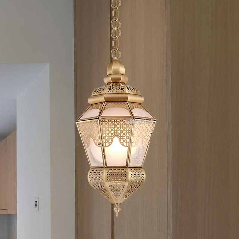 1-Bulb Metal Hanging Lamp Fixture Bohemia Style Brass Lantern Living Room Ceiling Pendant Lamp Clearhalo 'Ceiling Lights' 'Pendant Lights' 'Pendants' Lighting' 392060