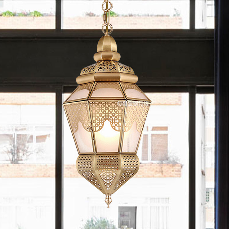 1-Bulb Metal Hanging Lamp Fixture Bohemia Style Brass Lantern Living Room Ceiling Pendant Lamp Clearhalo 'Ceiling Lights' 'Pendant Lights' 'Pendants' Lighting' 392061