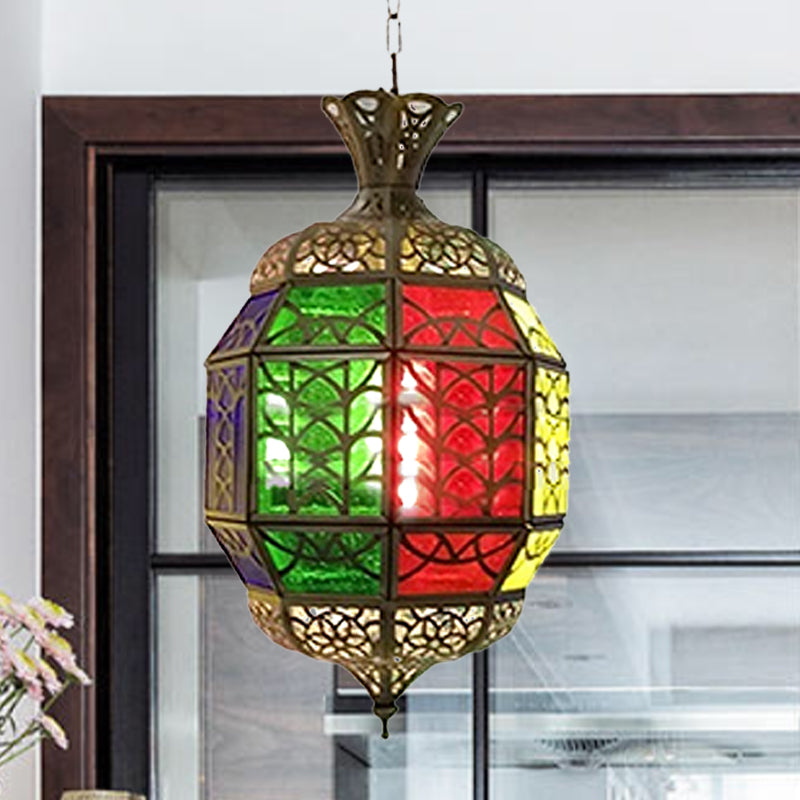 Metallic Lantern Pendant Lamp Vintage 1 Light Balcony Hanging Ceiling Lighting in Red Clearhalo 'Ceiling Lights' 'Pendant Lights' 'Pendants' Lighting' 392066