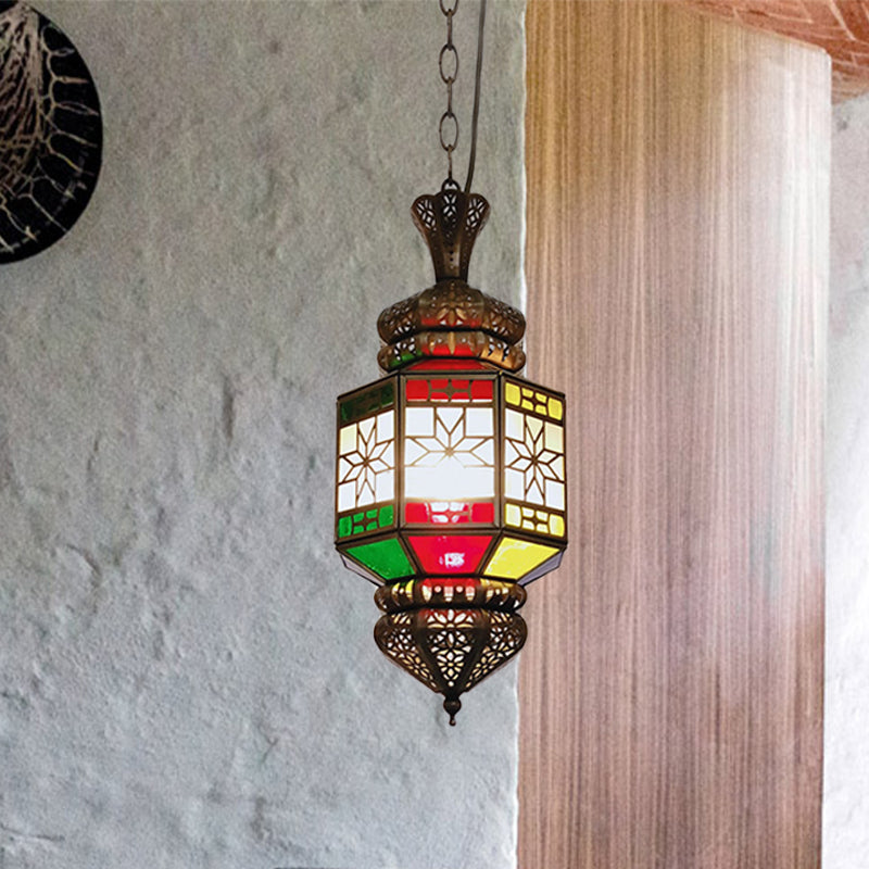 1-Light Hanging Lighting Vintage Living Room Ceiling Pendant Lamp with Lantern Metal Shade in Bronze Clearhalo 'Ceiling Lights' 'Pendant Lights' 'Pendants' Lighting' 392075