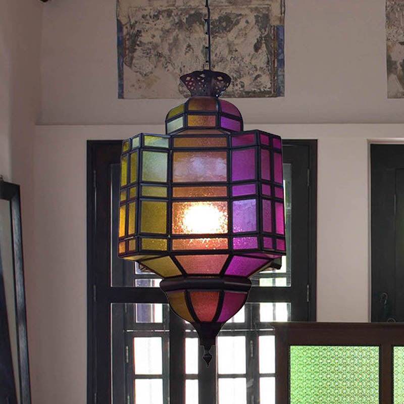 Lantern Restaurant Ceiling Light Antiqued Metal 1 Head Purple Suspension Hanging Lamp Clearhalo 'Ceiling Lights' 'Pendant Lights' 'Pendants' Lighting' 392080