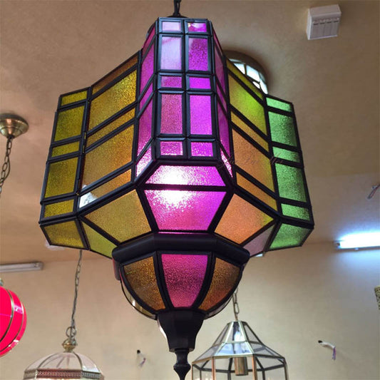 Lantern Restaurant Ceiling Light Antiqued Metal 1 Head Purple Suspension Hanging Lamp Clearhalo 'Ceiling Lights' 'Pendant Lights' 'Pendants' Lighting' 392081