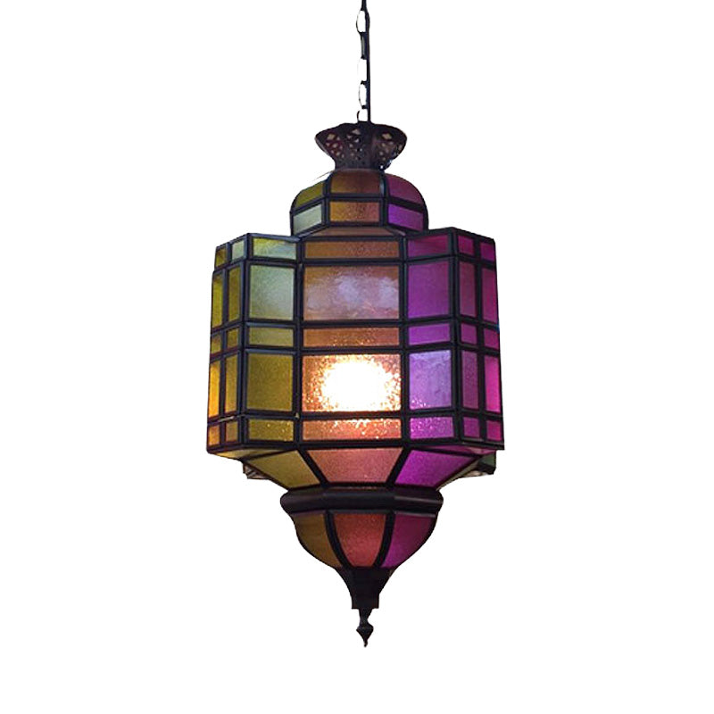 Lantern Restaurant Ceiling Light Antiqued Metal 1 Head Purple Suspension Hanging Lamp Clearhalo 'Ceiling Lights' 'Pendant Lights' 'Pendants' Lighting' 392082