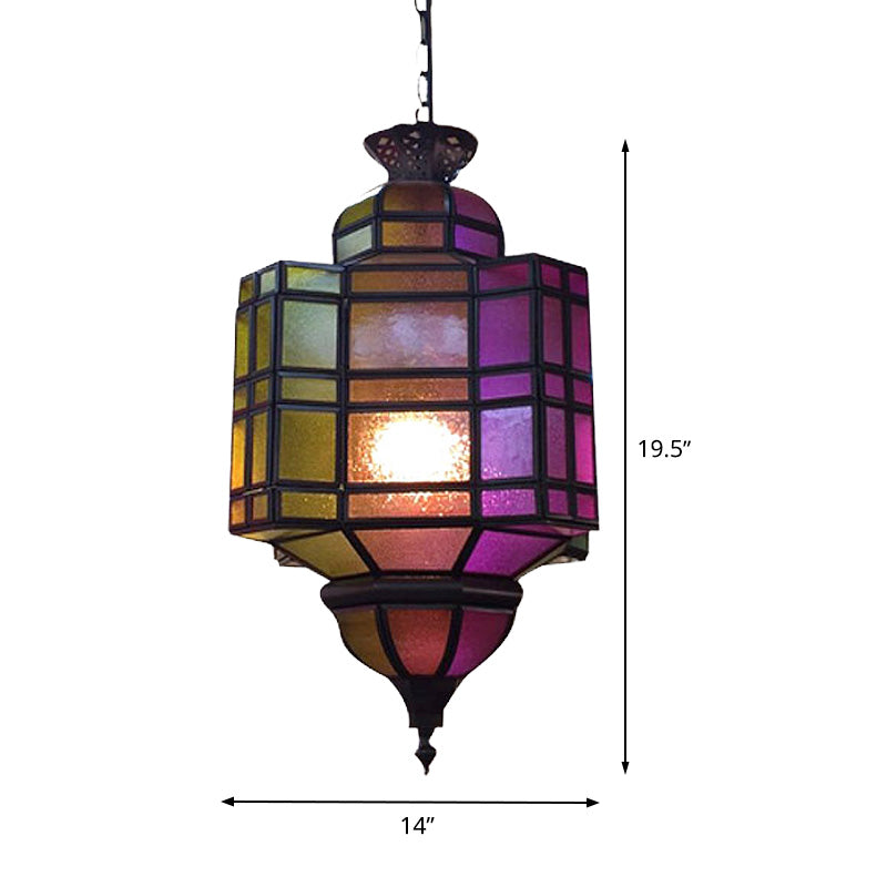 Lantern Restaurant Ceiling Light Antiqued Metal 1 Head Purple Suspension Hanging Lamp Clearhalo 'Ceiling Lights' 'Pendant Lights' 'Pendants' Lighting' 392084