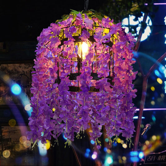 Vintage Drum Drop Pendant 1 Light Metal LED Flower Hanging Light Kit in Pink/Purple for Restaurant Clearhalo 'Art Deco Pendants' 'Cast Iron' 'Ceiling Lights' 'Ceramic' 'Crystal' 'Industrial Pendants' 'Industrial' 'Metal' 'Middle Century Pendants' 'Pendant Lights' 'Pendants' 'Tiffany' Lighting' 392227