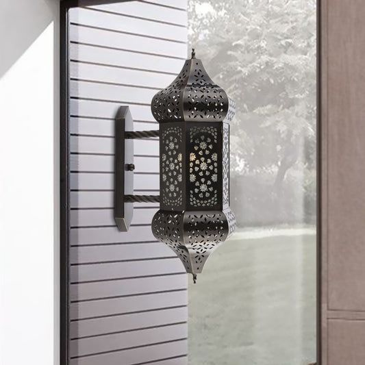 Arab Lantern Wall Sconce Lighting 1 Light Metallic Wall Mount Lamp in Black for Outdoor Clearhalo 'Wall Lamps & Sconces' 'Wall Lights' Lighting' 392295