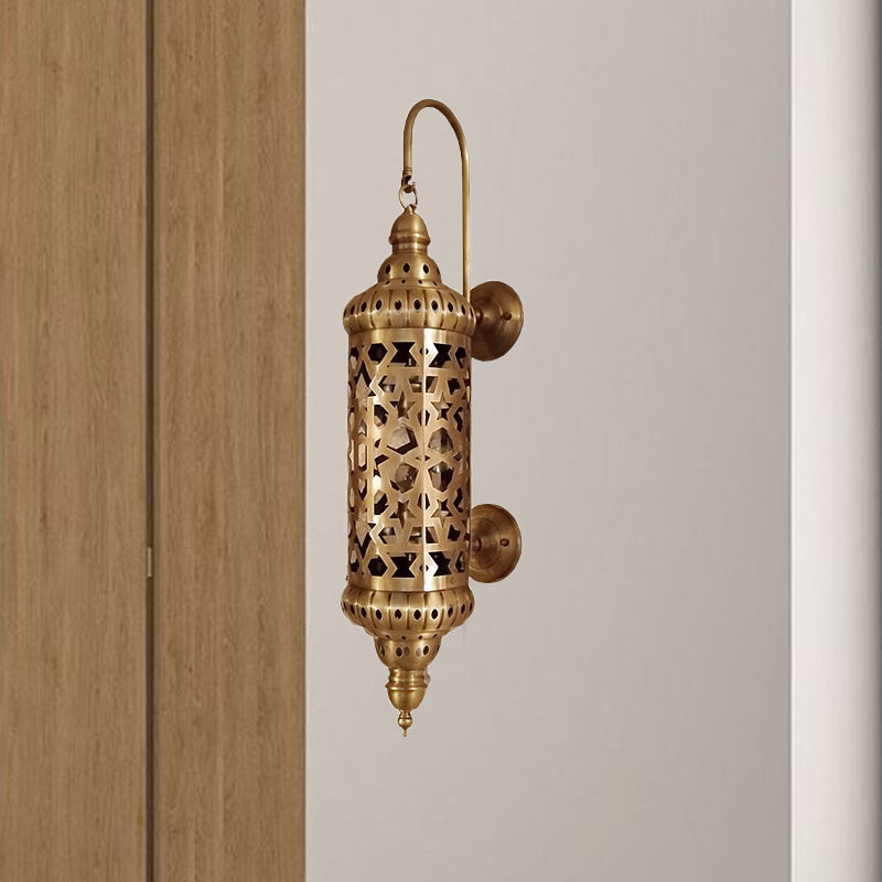 Metal Brass Sconce Light Fixture Cylinder 1-Light Arab Wall Mounted Ceiling Lamp with Hollow Out Design Brass Clearhalo 'Wall Lamps & Sconces' 'Wall Lights' Lighting' 392327