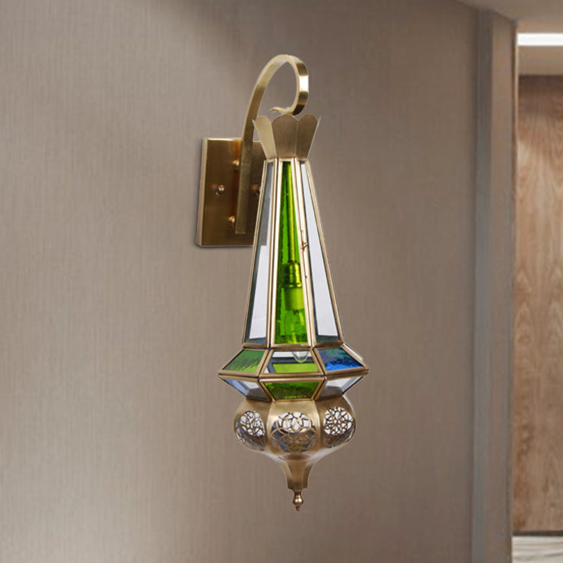 Brass Cone Wall Sconce Light Arab Metallic 1 Bulb Hallway Wall Mount Lamp Fixture with Colorful Glass Shade Clearhalo 'Wall Lamps & Sconces' 'Wall Lights' Lighting' 392345