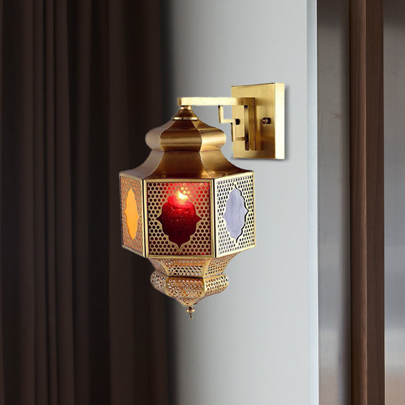 Metal Lantern Sconce Lighting Arab 1-Head Balcony Wall Mounted Ceiling Lamp in Brass Brass Clearhalo 'Wall Lamps & Sconces' 'Wall Lights' Lighting' 392412