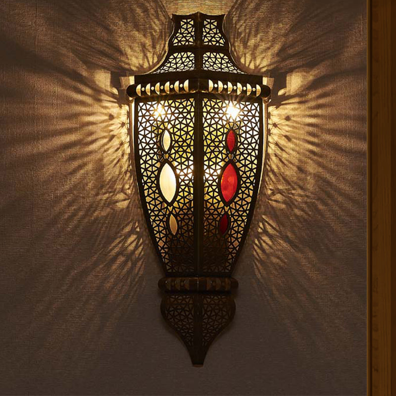 2-Bulb Wall Sconce Lamp Arab Style Hollow Out Metallic Wall Flush Mount Light in Black Clearhalo 'Wall Lamps & Sconces' 'Wall Lights' Lighting' 392428