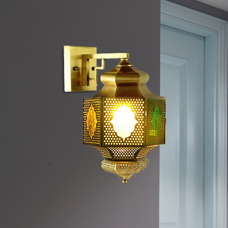 Arab Lantern Sconce Lighting 1 Head Metallic Wall Mount Lamp in Brass for Hallway Brass Clearhalo 'Wall Lamps & Sconces' 'Wall Lights' Lighting' 392461