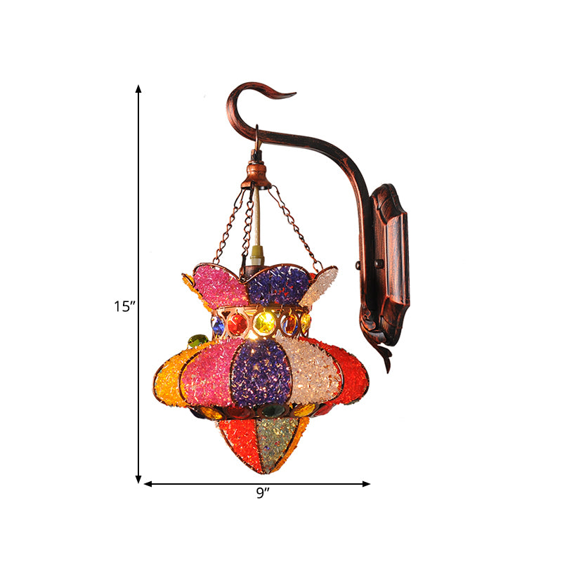 Lantern Restaurant Sconce Lamp Traditional Stained Glass 1 Head Copper Wall Lighting Fixture Clearhalo 'Wall Lamps & Sconces' 'Wall Lights' Lighting' 392491