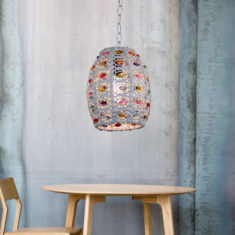 5"/6" Wide White 1 Light Pendant Lighting Traditional Stained Glass Cylinder/Barrel Hanging Light Fixture Clearhalo 'Ceiling Lights' 'Pendant Lights' 'Pendants' Lighting' 392504