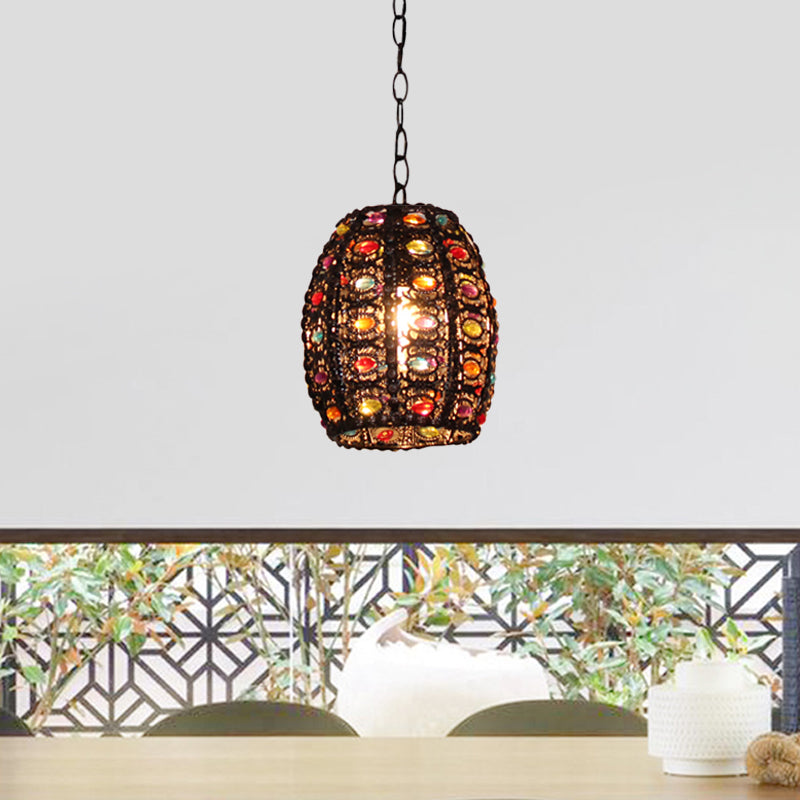 Stained Glass Bronze Hanging Pendant Cylinder/Rectangle/Barrel 1 Head Bohemian Drop Lamp for Living Room Clearhalo 'Ceiling Lights' 'Pendant Lights' 'Pendants' Lighting' 392517