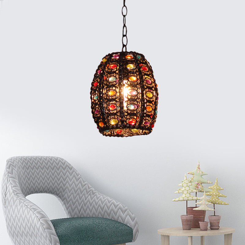 Stained Glass Bronze Hanging Pendant Cylinder/Rectangle/Barrel 1 Head Bohemian Drop Lamp for Living Room Clearhalo 'Ceiling Lights' 'Pendant Lights' 'Pendants' Lighting' 392518