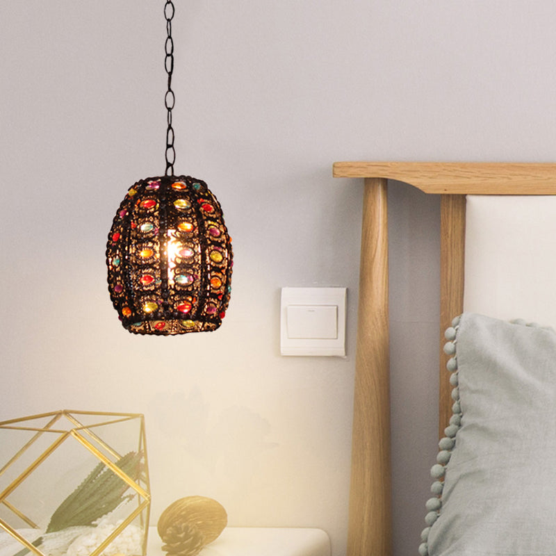 Stained Glass Bronze Hanging Pendant Cylinder/Rectangle/Barrel 1 Head Bohemian Drop Lamp for Living Room Clearhalo 'Ceiling Lights' 'Pendant Lights' 'Pendants' Lighting' 392519