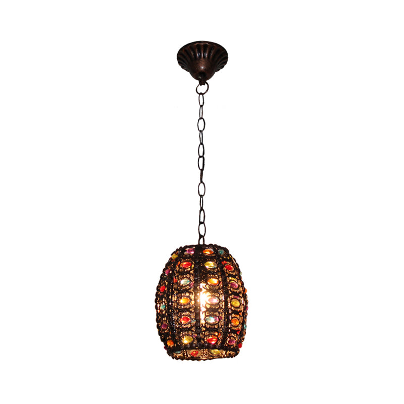 Stained Glass Bronze Hanging Pendant Cylinder/Rectangle/Barrel 1 Head Bohemian Drop Lamp for Living Room Clearhalo 'Ceiling Lights' 'Pendant Lights' 'Pendants' Lighting' 392520